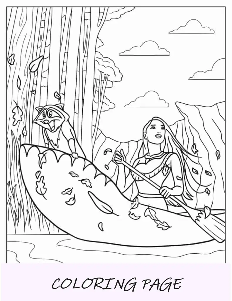 Desenho para colorir de Pocahontas e Meeko no rio