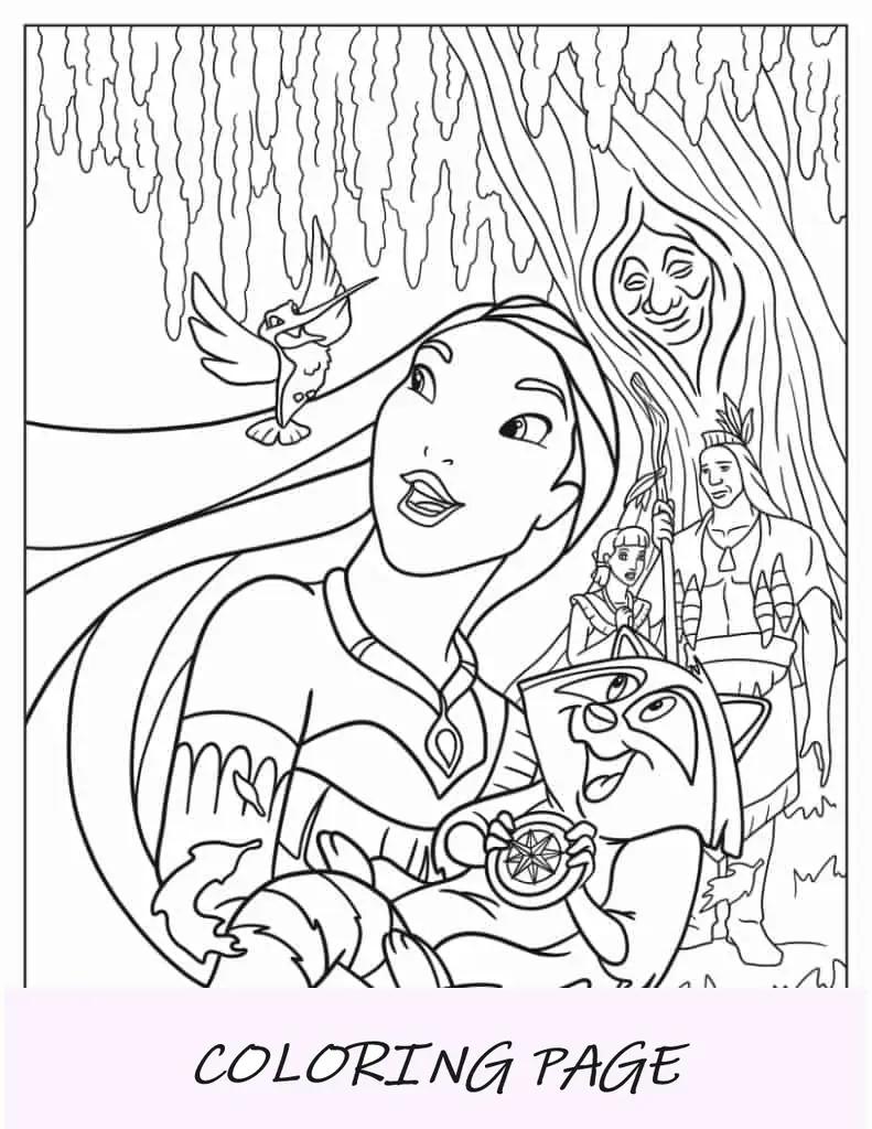 Desenho para colorir de Pocahontas carregando Meeko