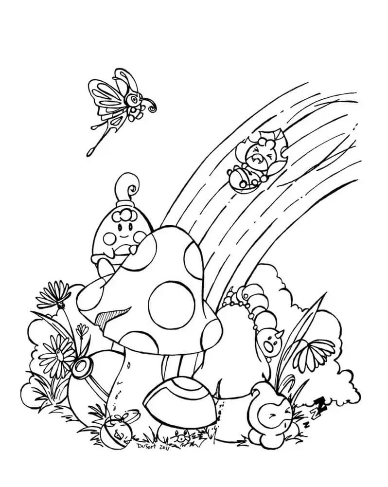 Mushrooms And Rainbow Coloring Page