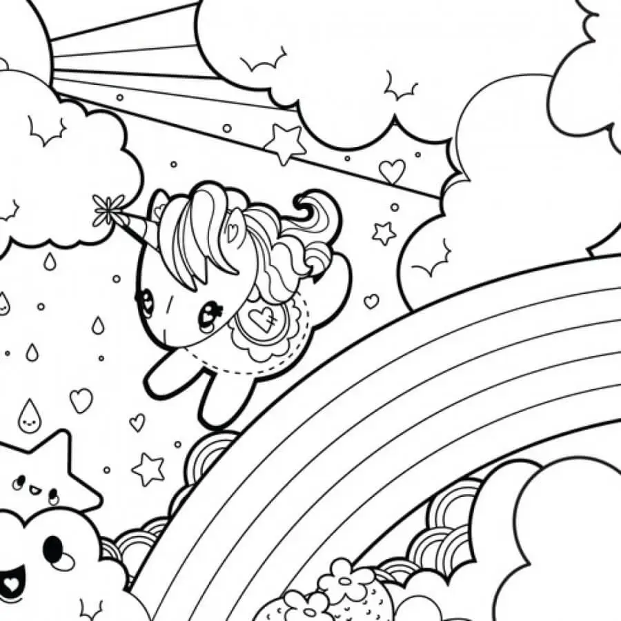 Kawaii Unicorn And Rainbow Coloring Page