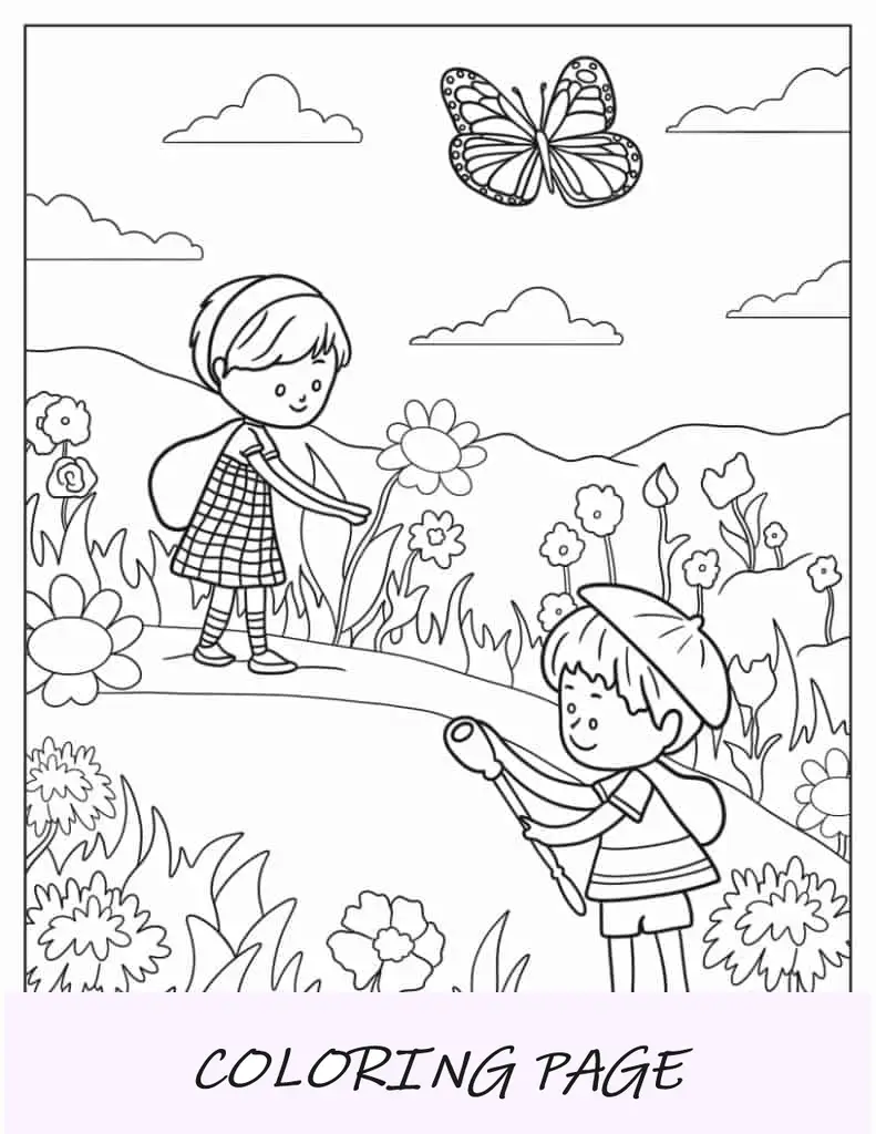 Una mariposa flotando sobre un campo de flores con dos niños
