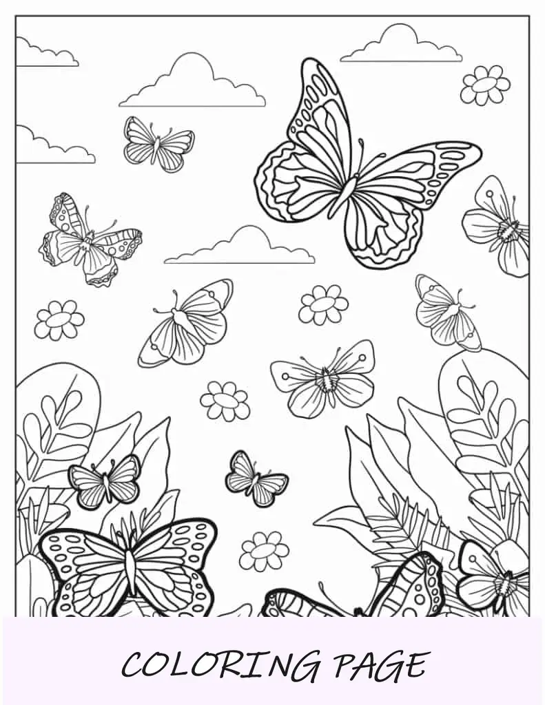 Varias Mariposas Disfrutando De Un Campo De Flores Para Colorear