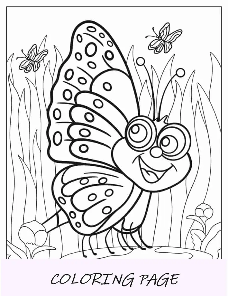 Hoja para colorear de una mariposa de dibujos animados sonriente