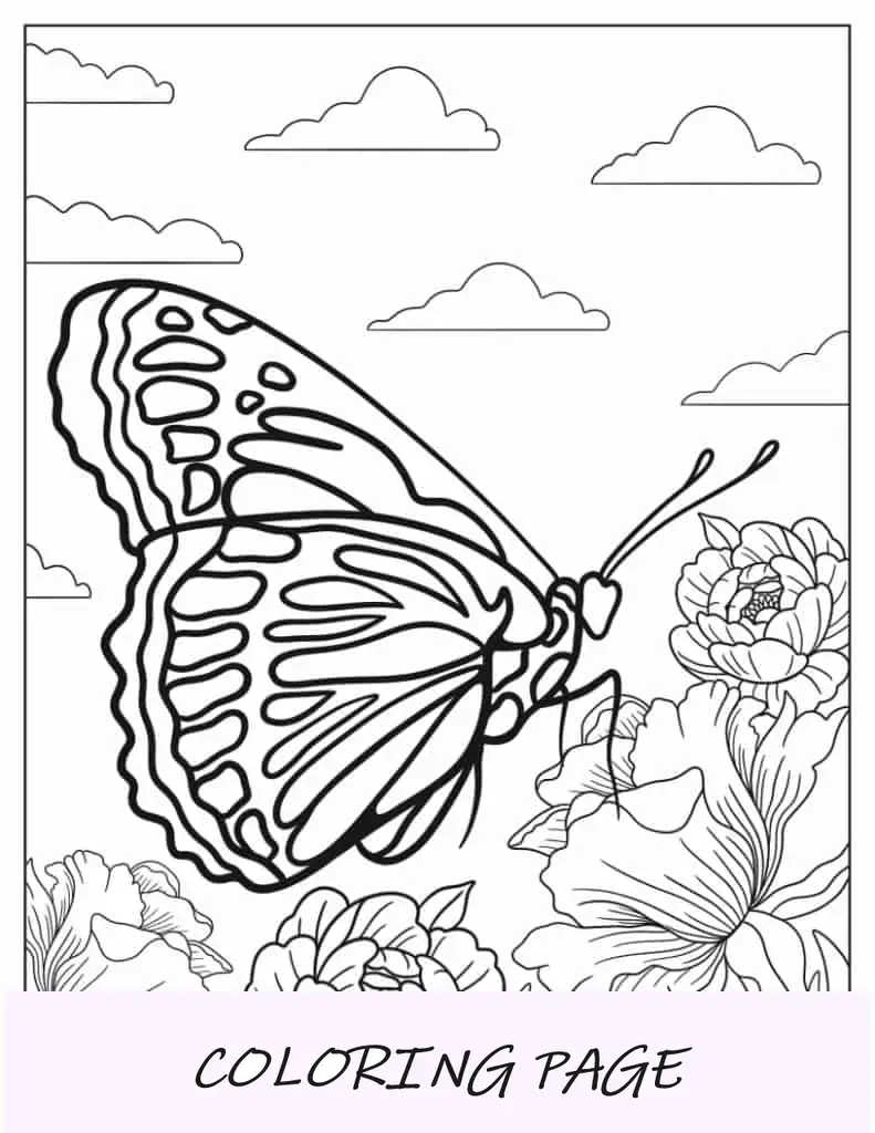 Mariposa grande alimentándose de flores realistas