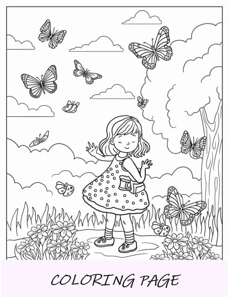 Niña bailando con mariposas para colorear