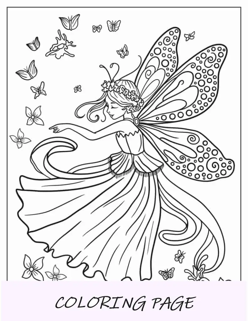 Princesa Hada con mariposas para colorear para niños