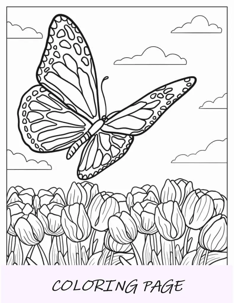 Mariposa volando sobre el campo de tulipanes