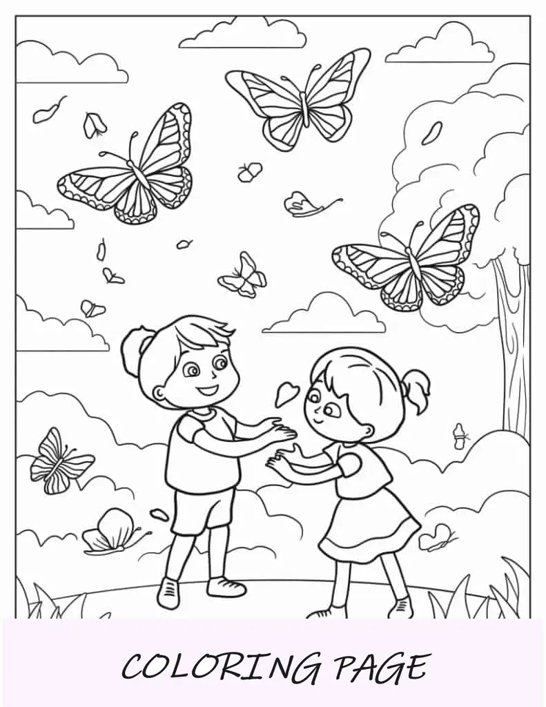 Niño y niña jugando en la naturaleza con mariposas