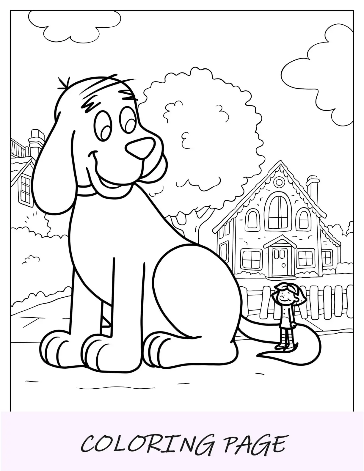 Folha para colorir de Clifford com Lizzy na frente da casa