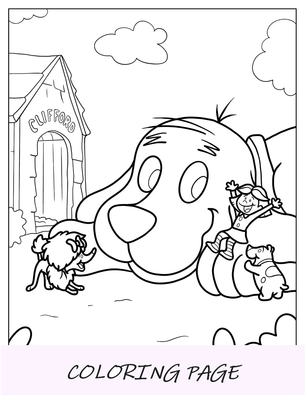 Folha para colorir de Clifford e amigos na frente da casinha de cachorro