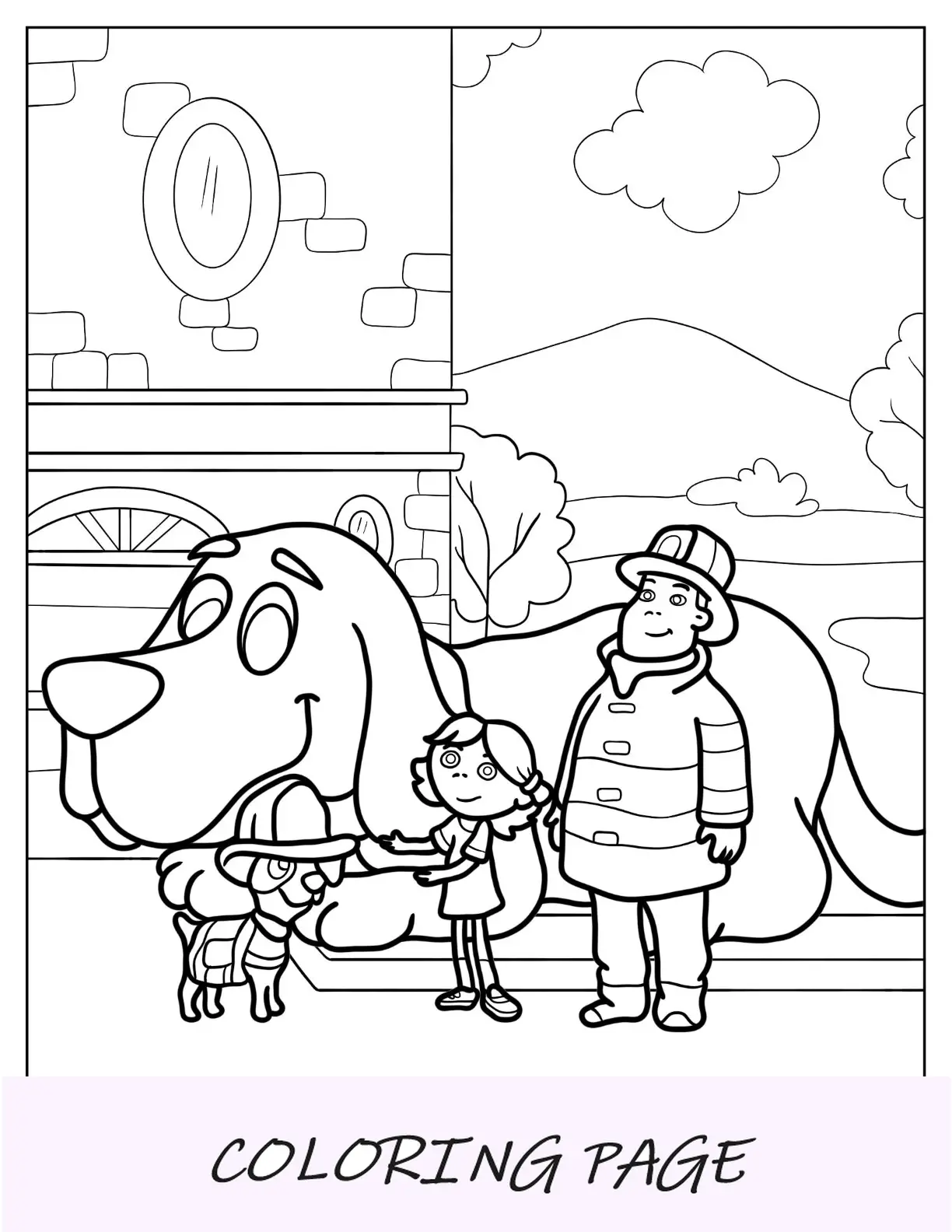 Folha para colorir de Clifford e Elizabeth com bombeiro