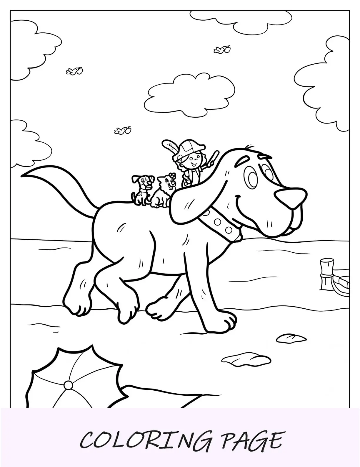 Desenho para colorir de Lizzy e Clifford brincando na praia
