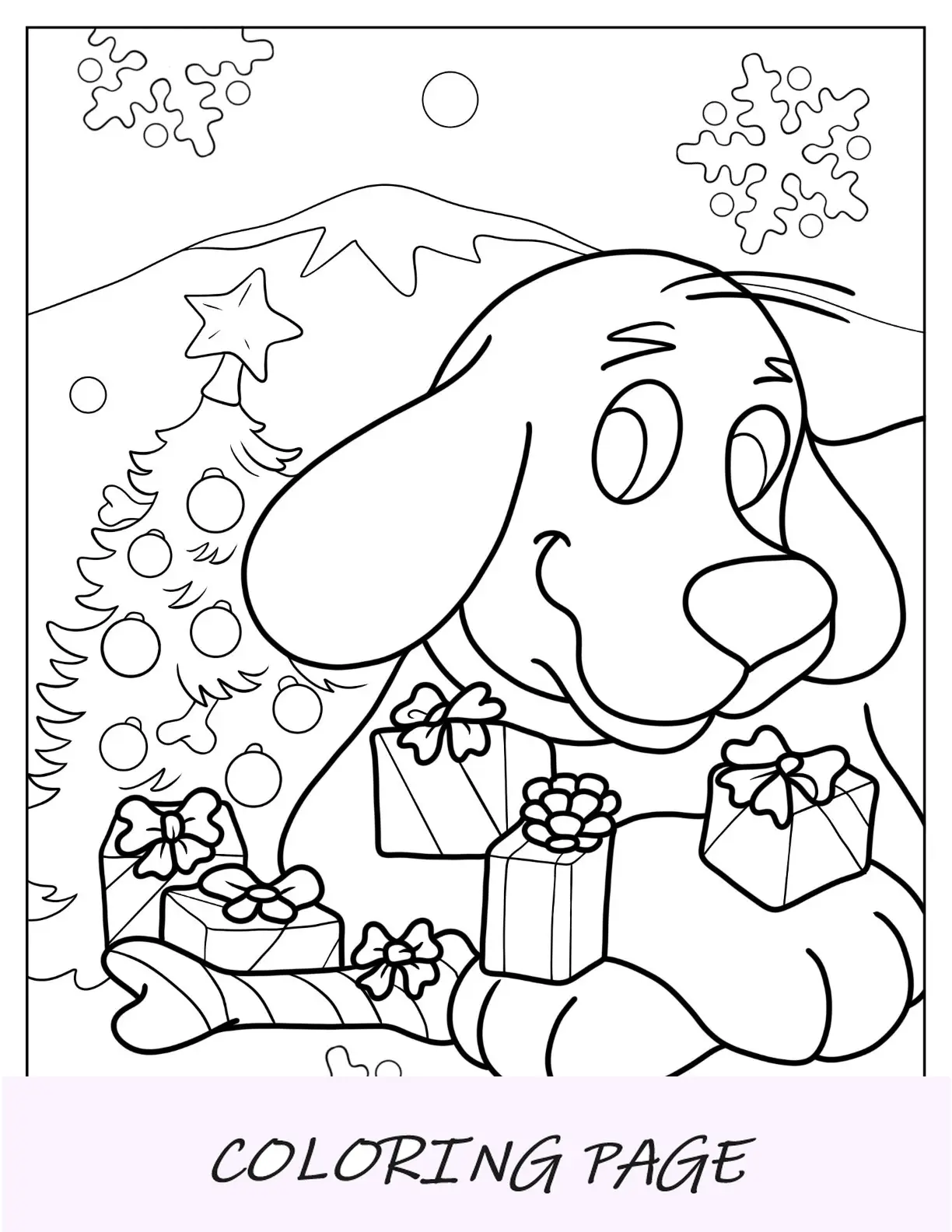 Página para colorir de Clifford com presentes de Natal