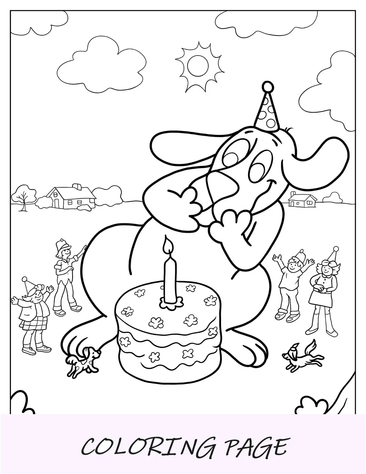 Clifford com bolo de aniversário para colorir para crianças