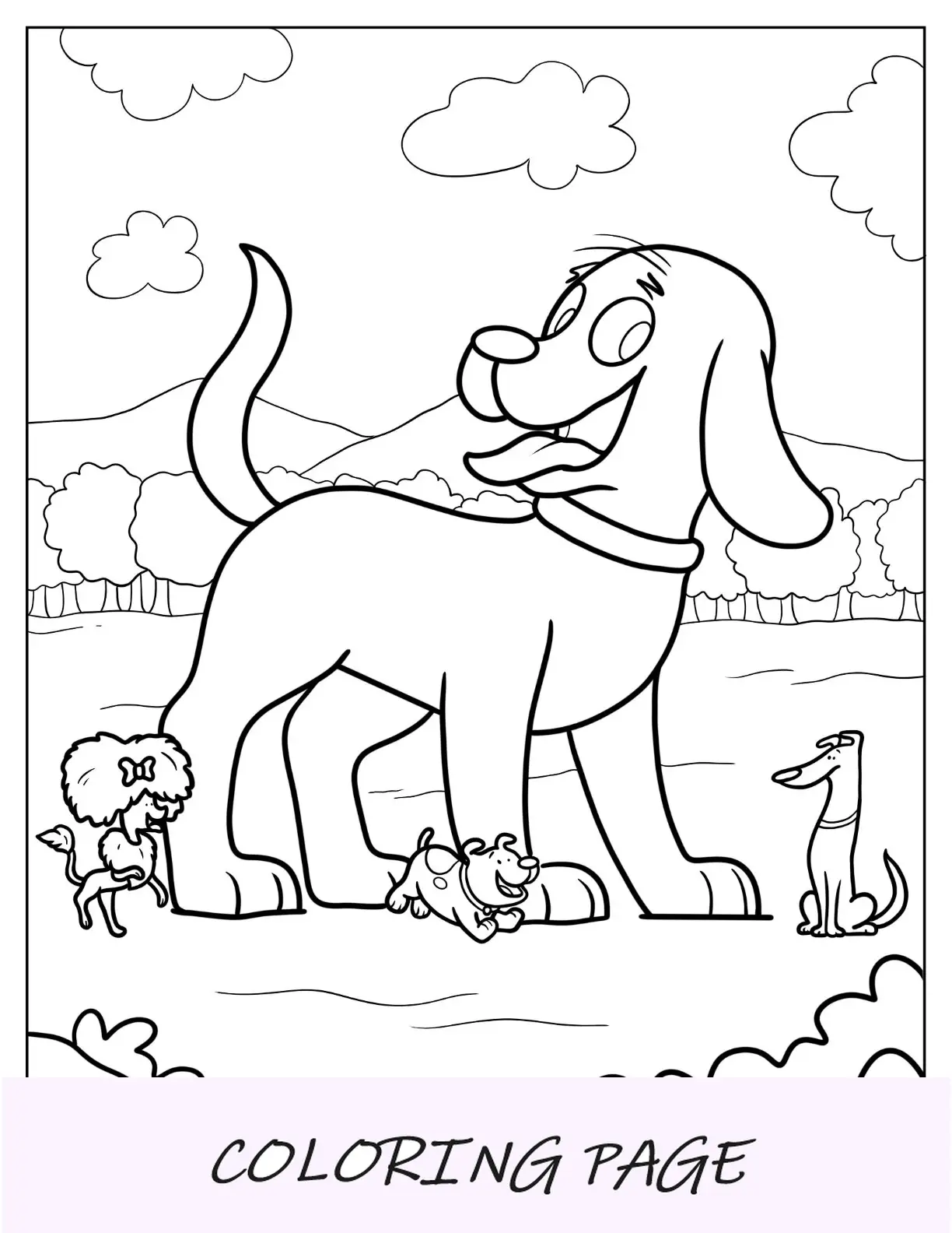 Folha para colorir de Clifford, Cleo, T Bone e Mac para crianças em idade pré-escolar