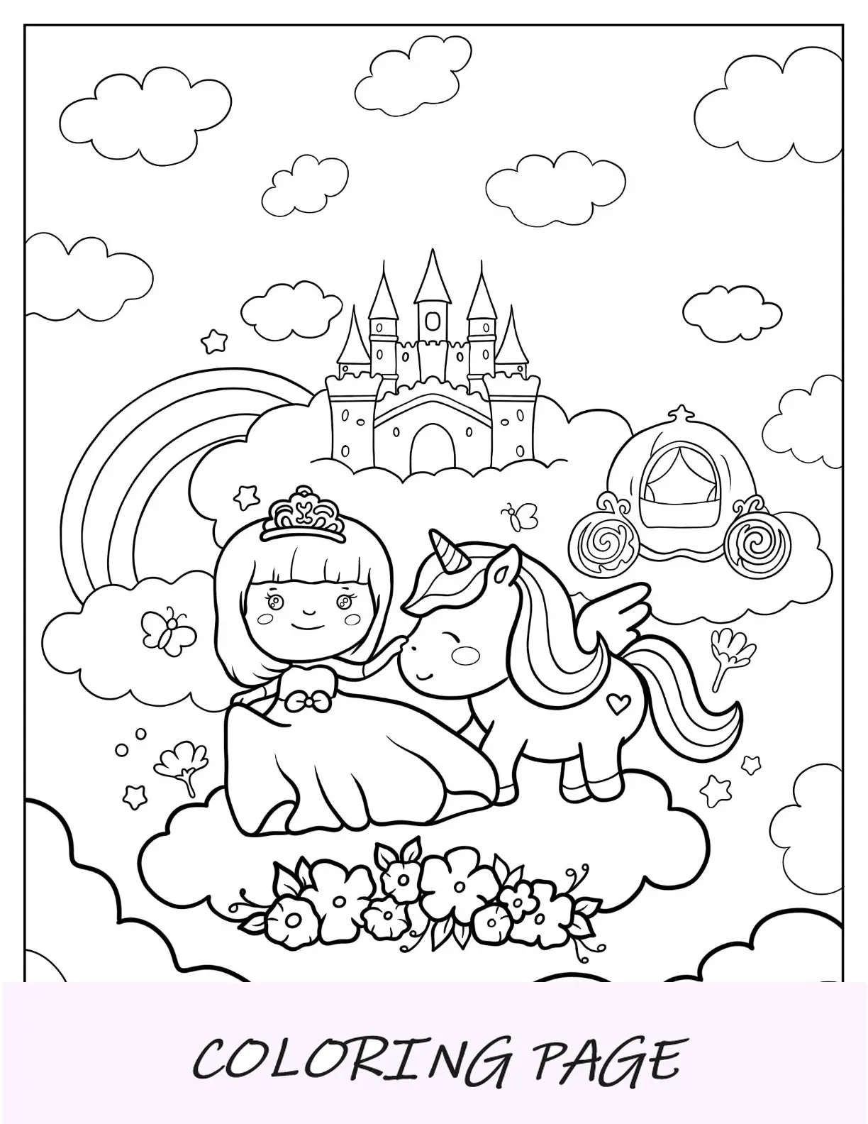 Linda página para colorir da princesa acariciando o unicórnio no Magic Kingdom