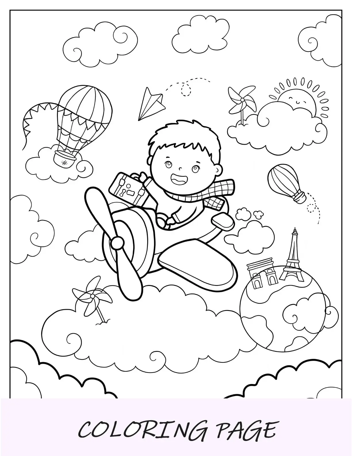 Linda página para colorir de um garotinho viajando de avião