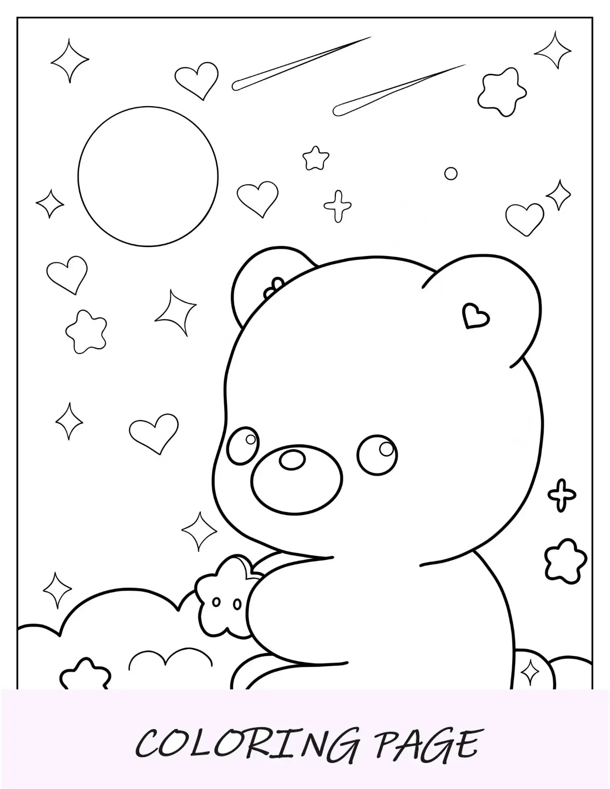 Linda página para colorir do urso Kawaii nas nuvens