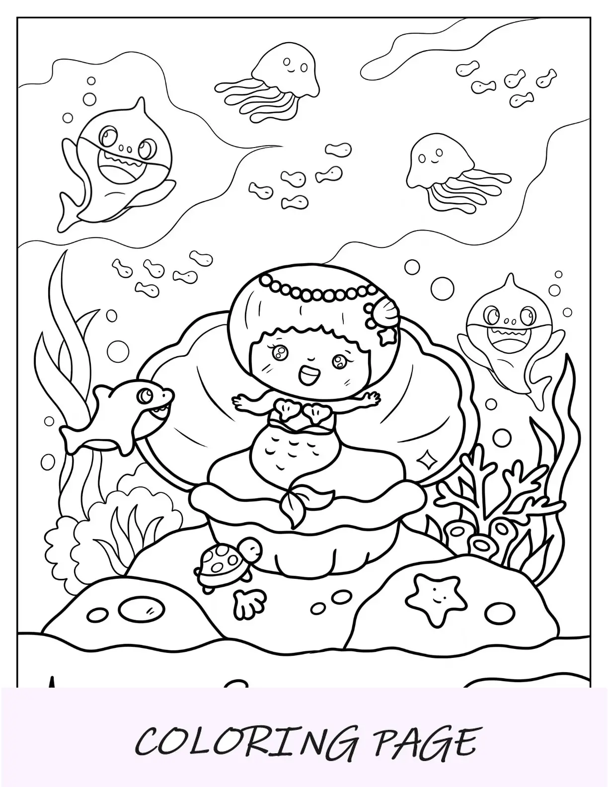 Linda página para colorir de sereia sentada no trono subaquático
