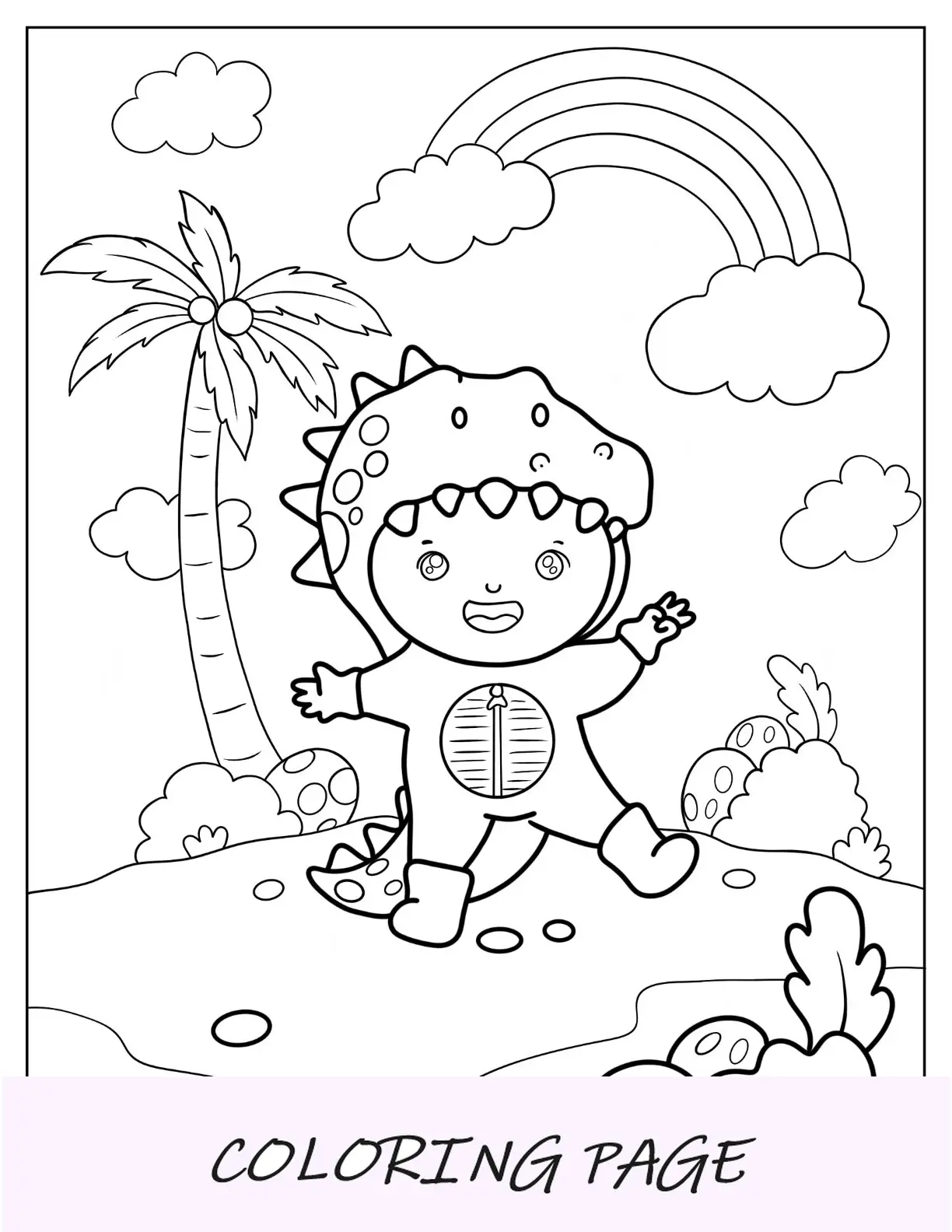 Linda página para colorir de garotinho em dinossauro