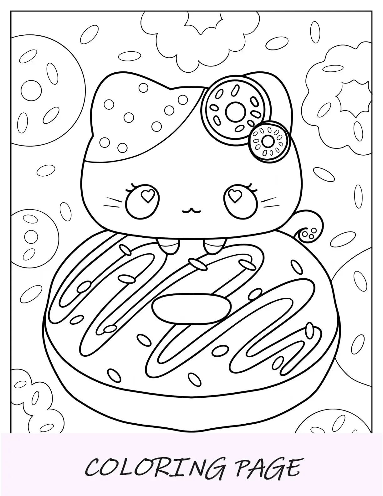 Linda página para colorir de gatinho abraçando donut
