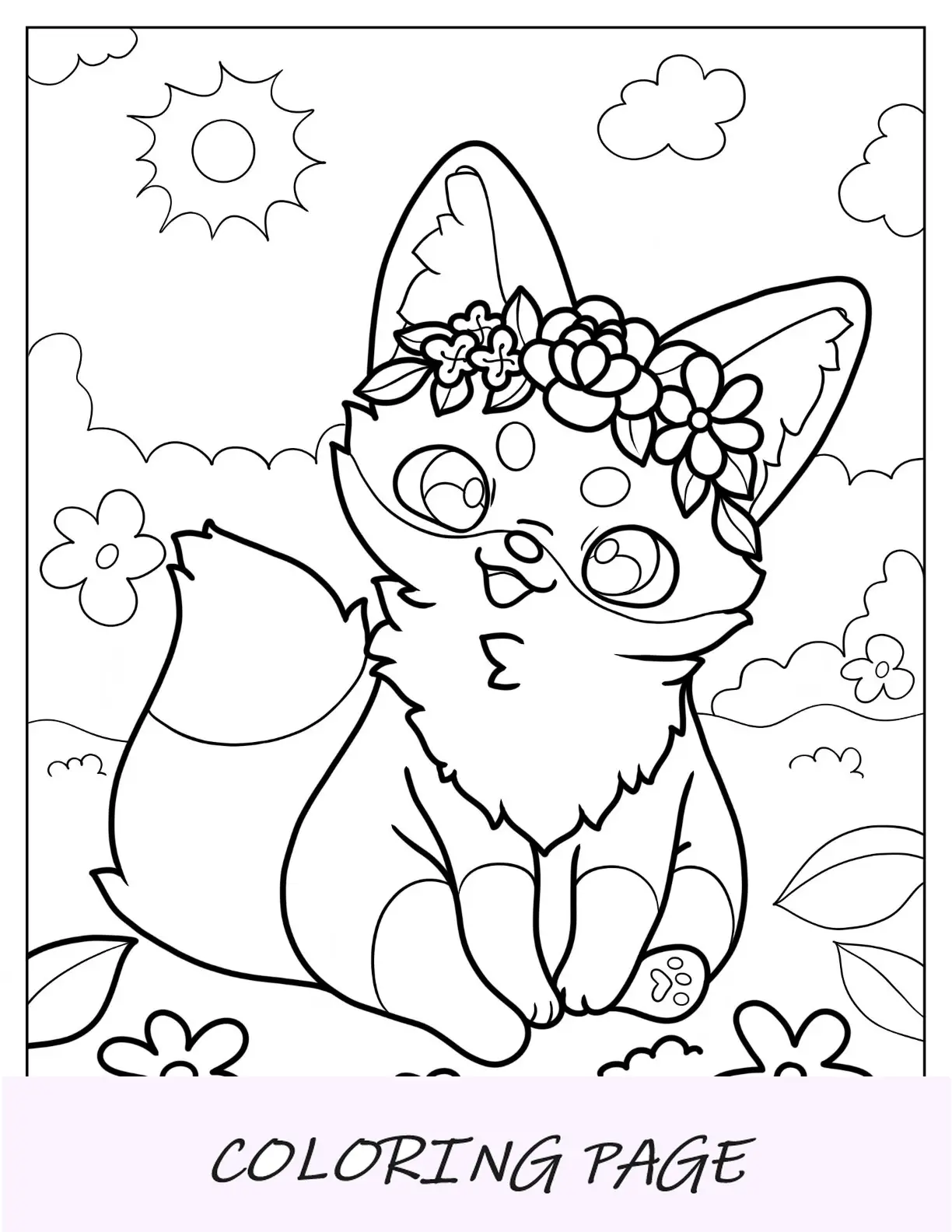 Linda página para colorir de raposa usando uma coroa de flores