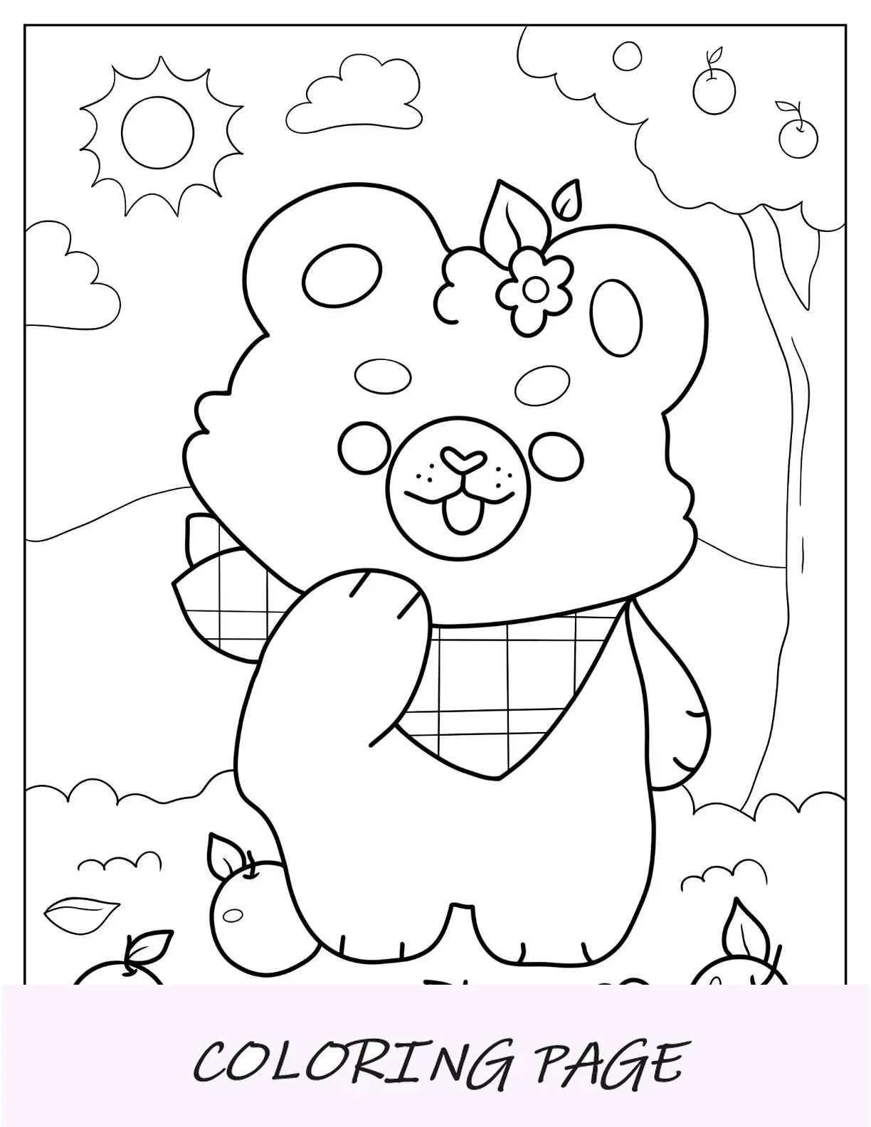 Linda página para colorir de um urso usando bandana colhendo maçãs