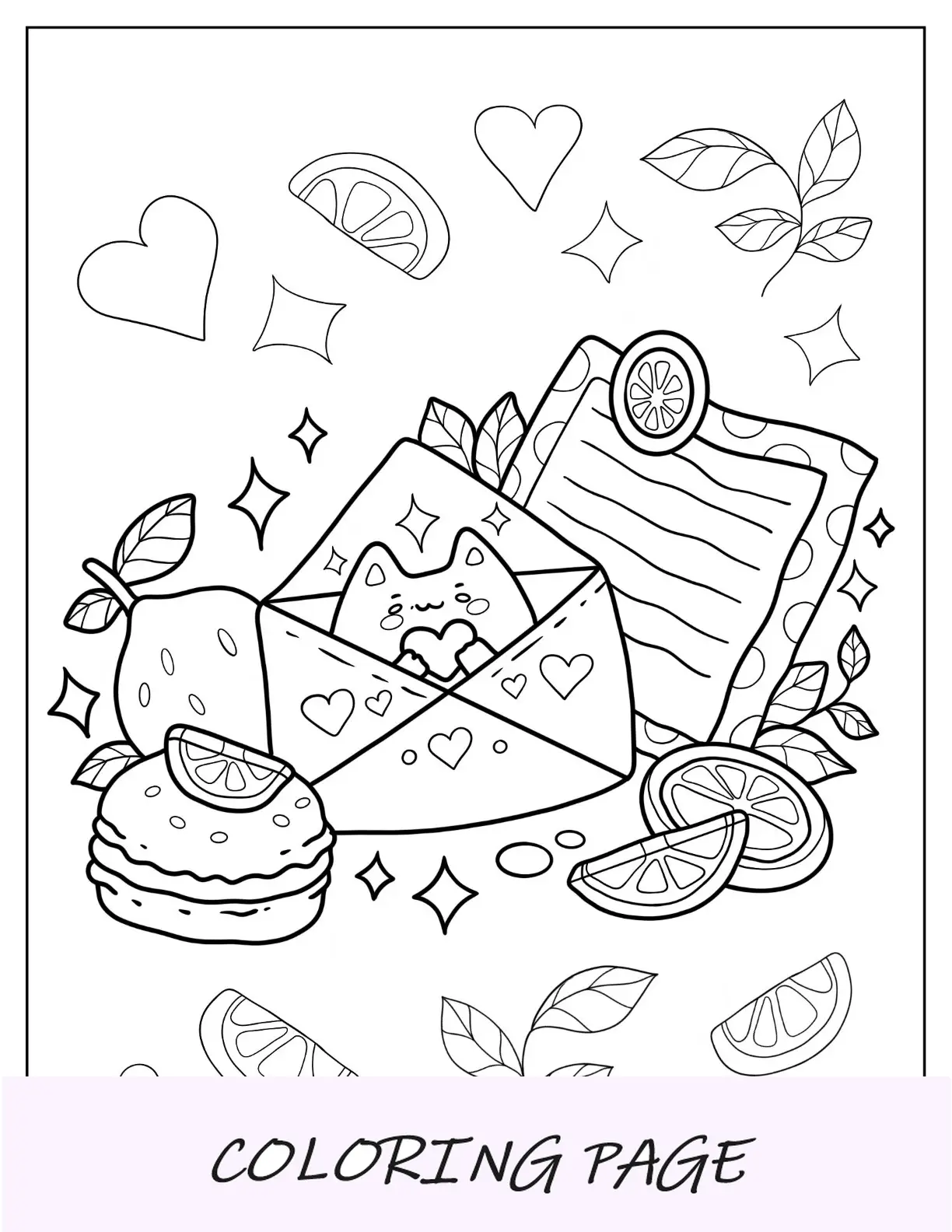 Linda página para colorir de gatinho dentro de uma carta de amor