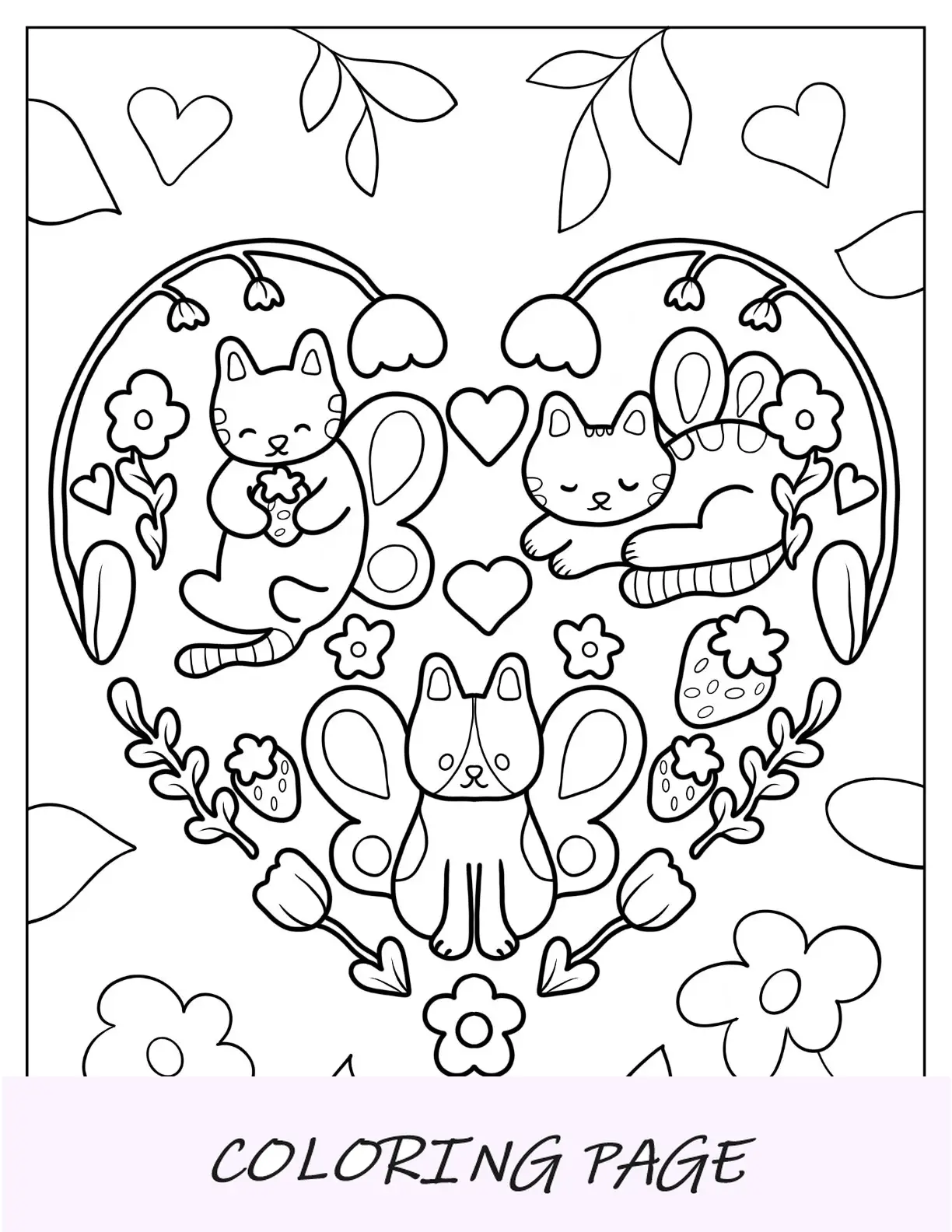 Linda página para colorir de gatos com asas de borboleta dentro do coração amoroso