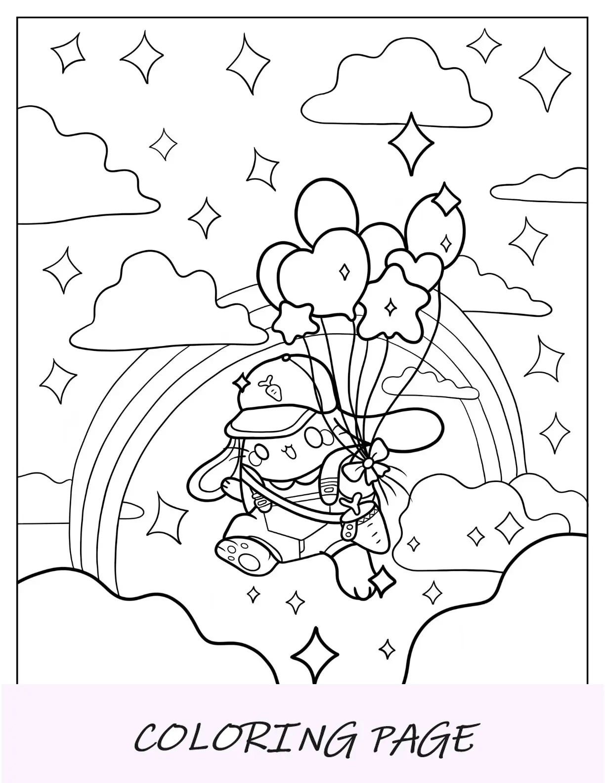 Linda página para colorir de um coelhinho segurando balões no céu
