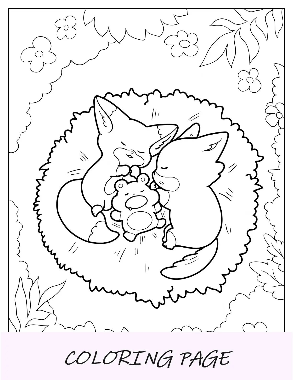 Linda página para colorir de raposas Kawaii dormindo no ninho com um hamster