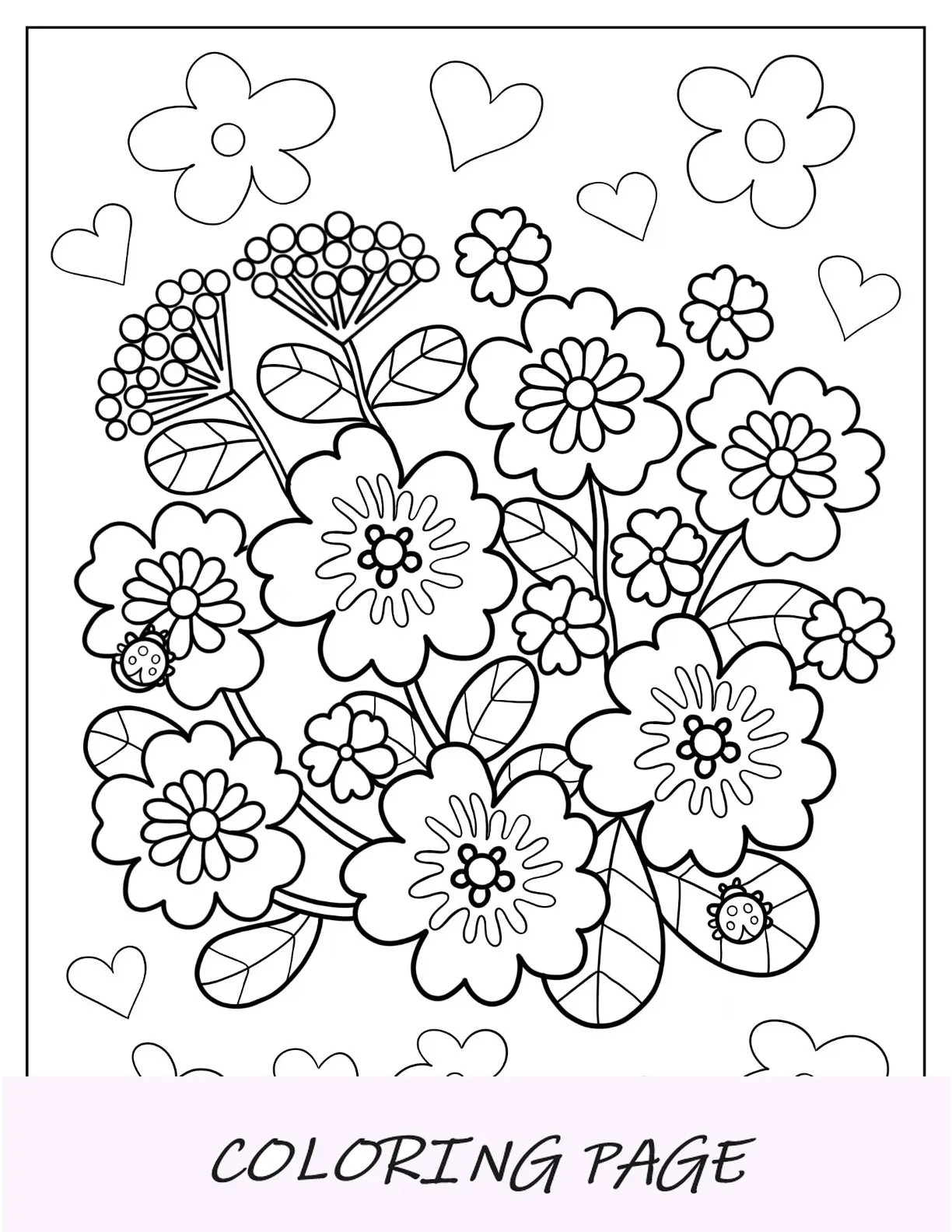 Linda página para colorir de buquê de flores com joaninhas