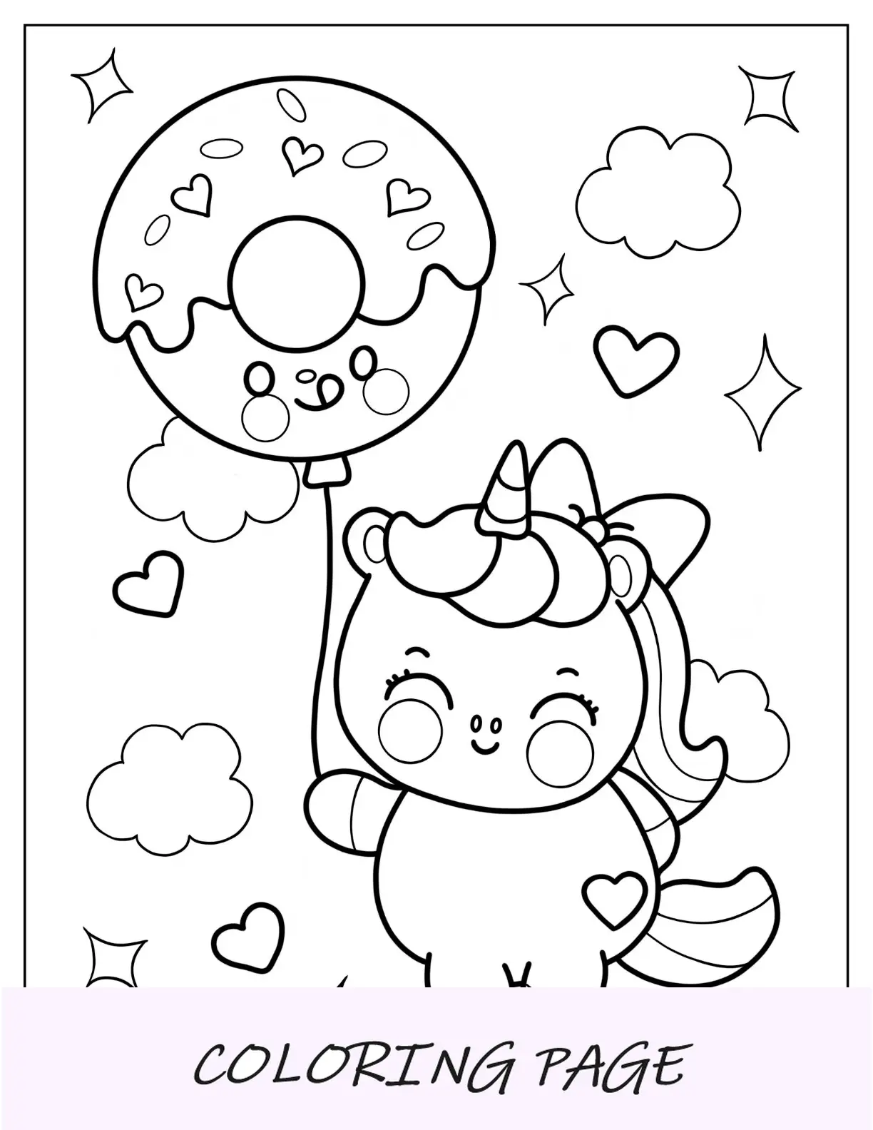 Linda página para colorir de uma garota unicórnio segurando um balão donut