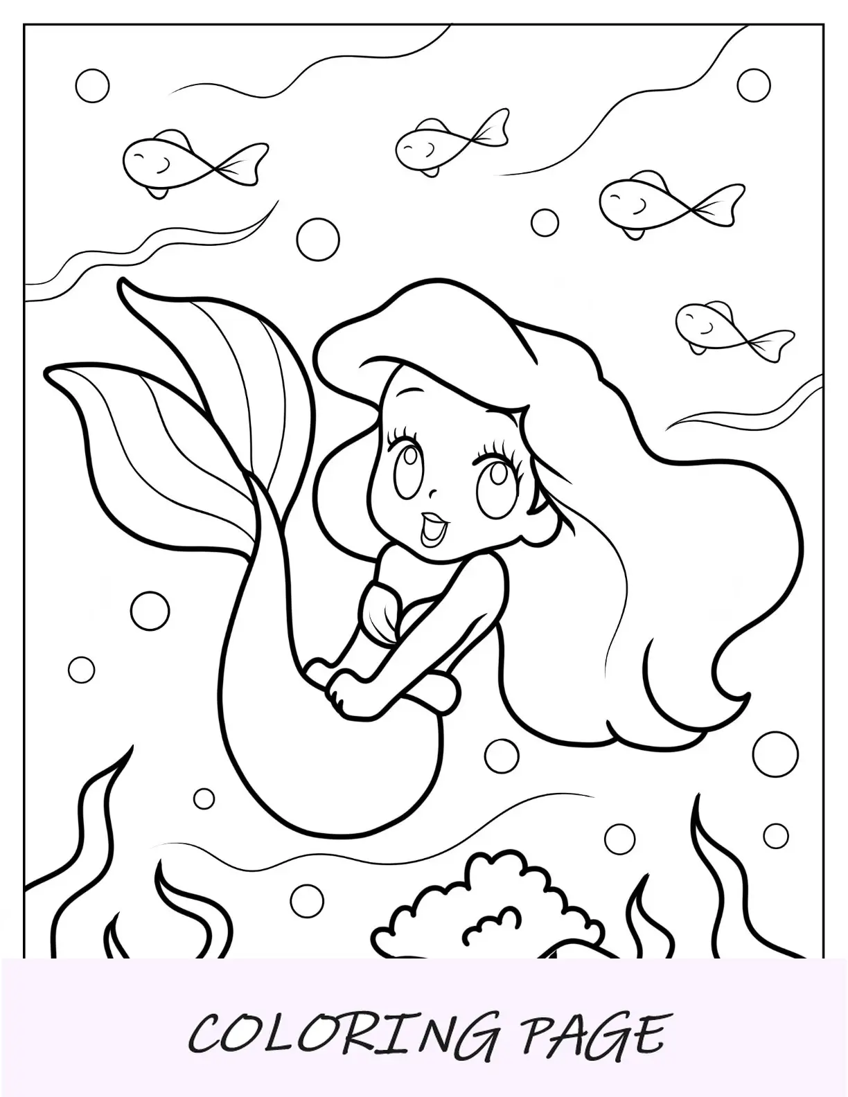 Linda página para colorir de Ariel no fundo do mar