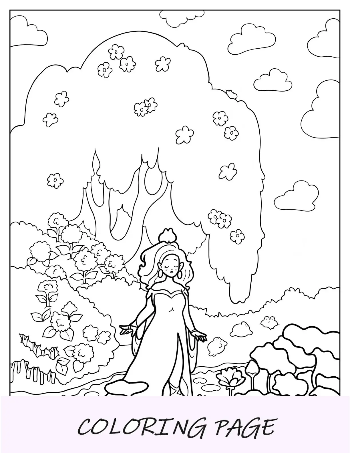 Linda página para colorir da princesa dentro da floresta mágica
