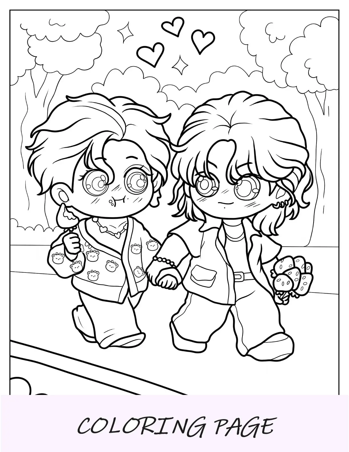 Linda página para colorir de Jung Kook e Kim Taehyung Cute Chibi BTS
