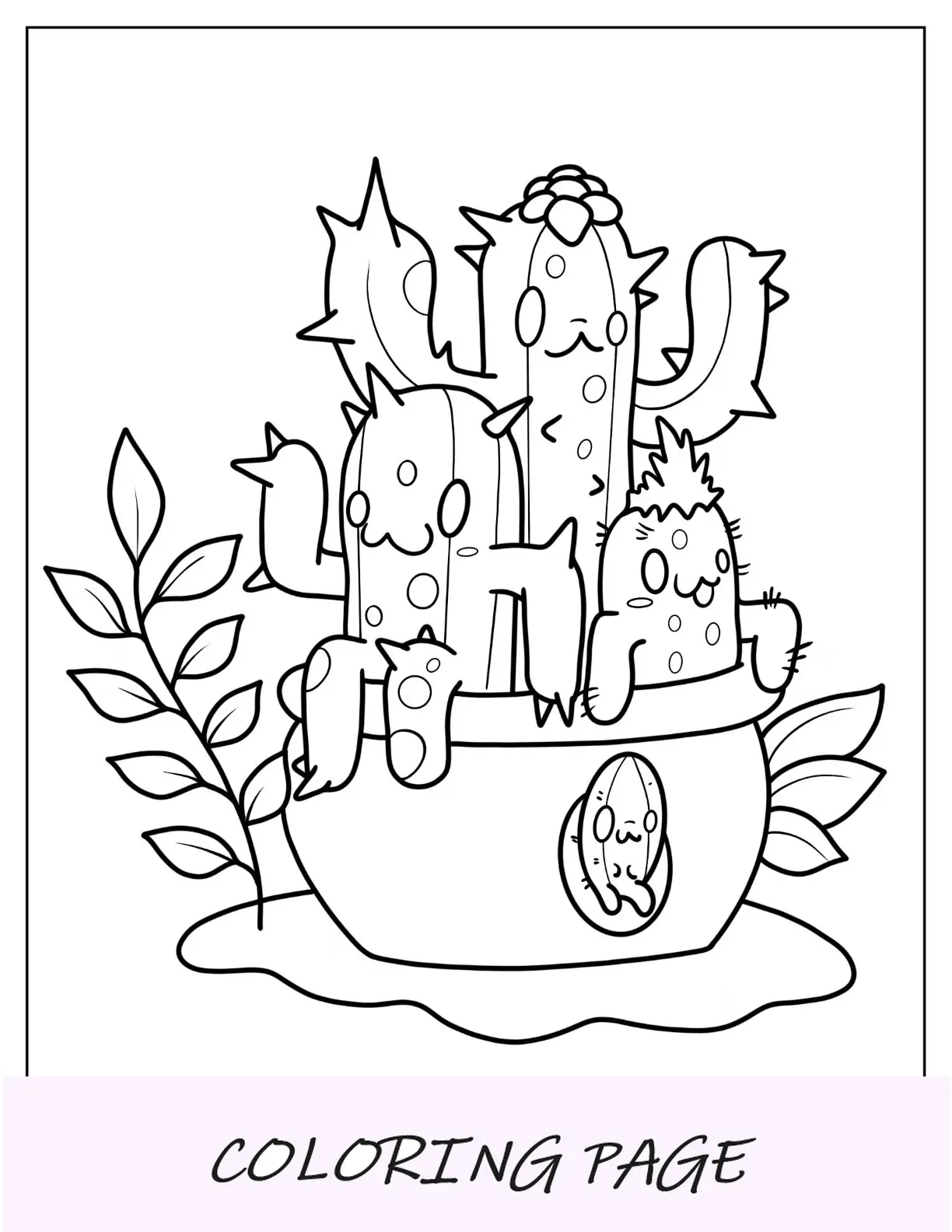 Linda página para colorir de cactos felizes na panela