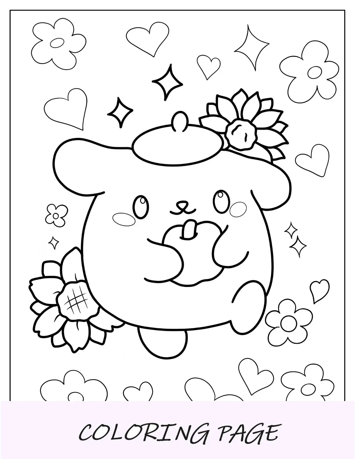 Linda página para colorir de Pompompurin segurando uma maçã