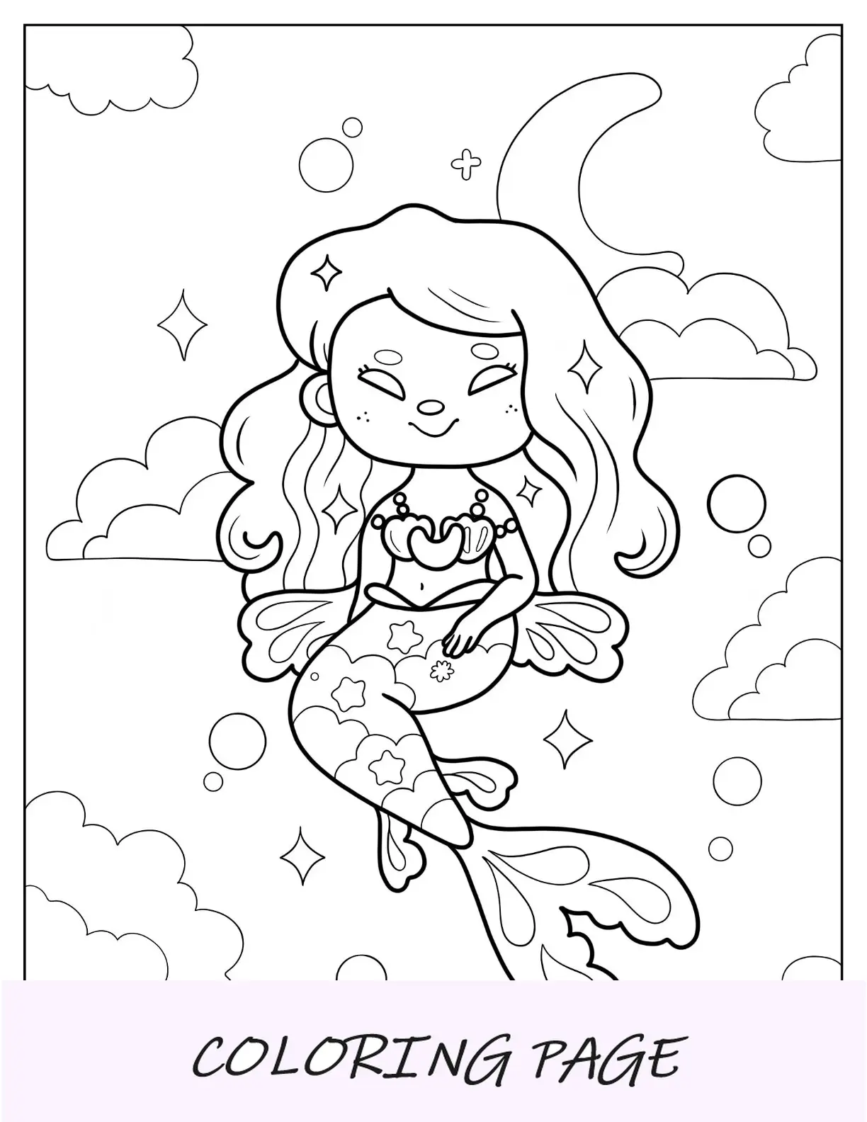 Linda página para colorir de uma linda sereia no céu