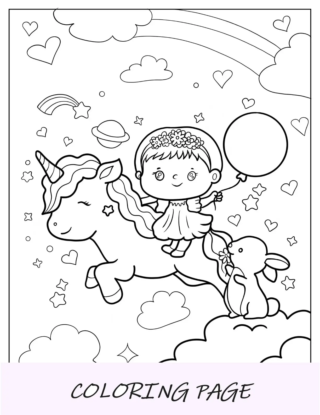 Linda página para colorir de uma menina montando um unicórnio no céu