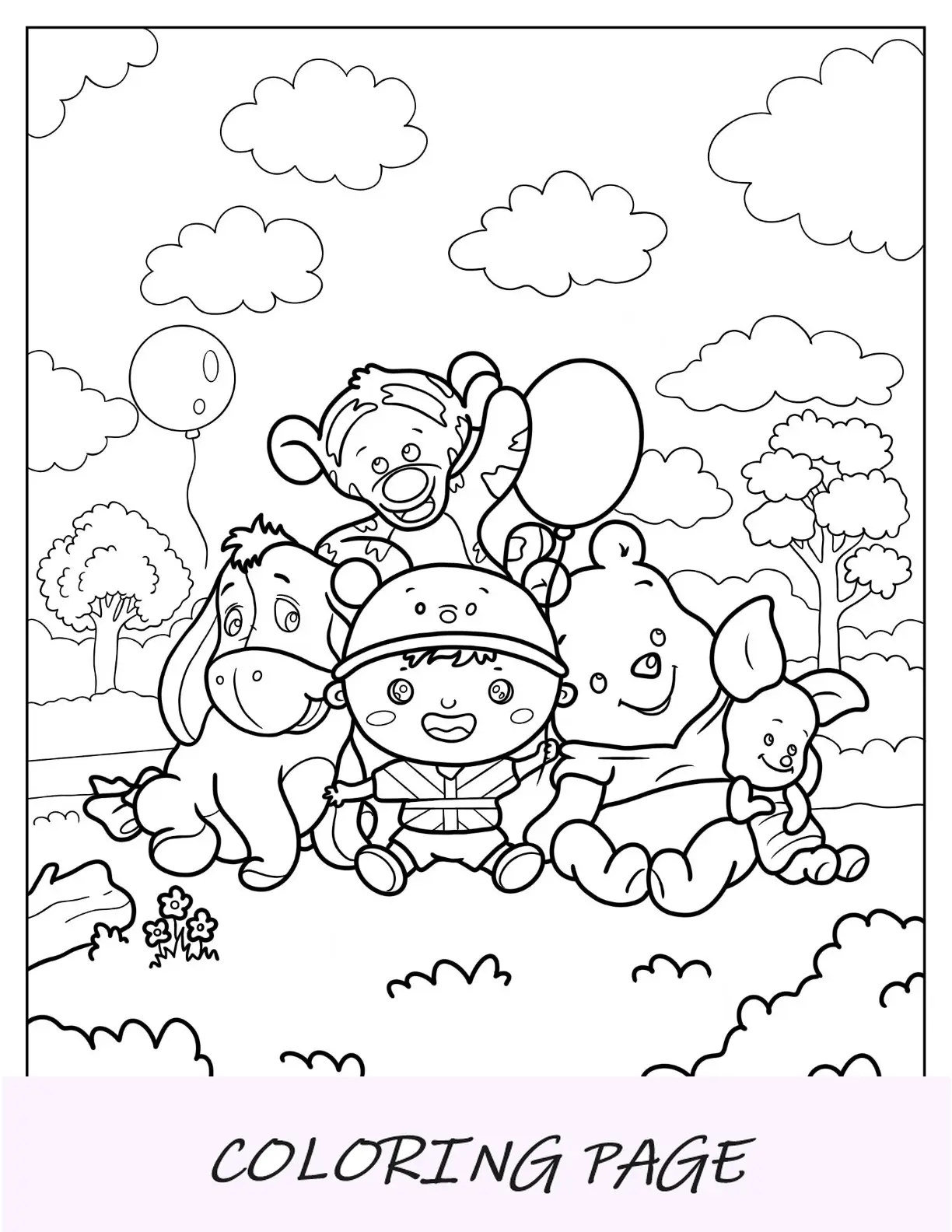 Linda página para colorir de Christopher Robin com Pooh, Leitão, Tigre e Bisonho