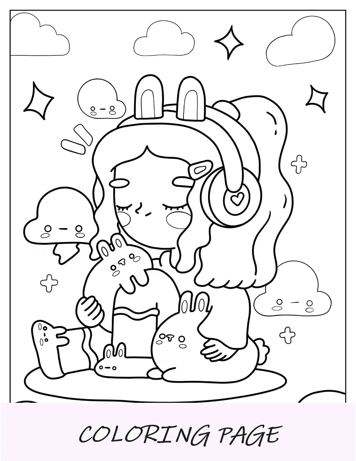 Linda página para colorir de uma garota de desenho animado com fones de ouvido segurando coelhinhos
