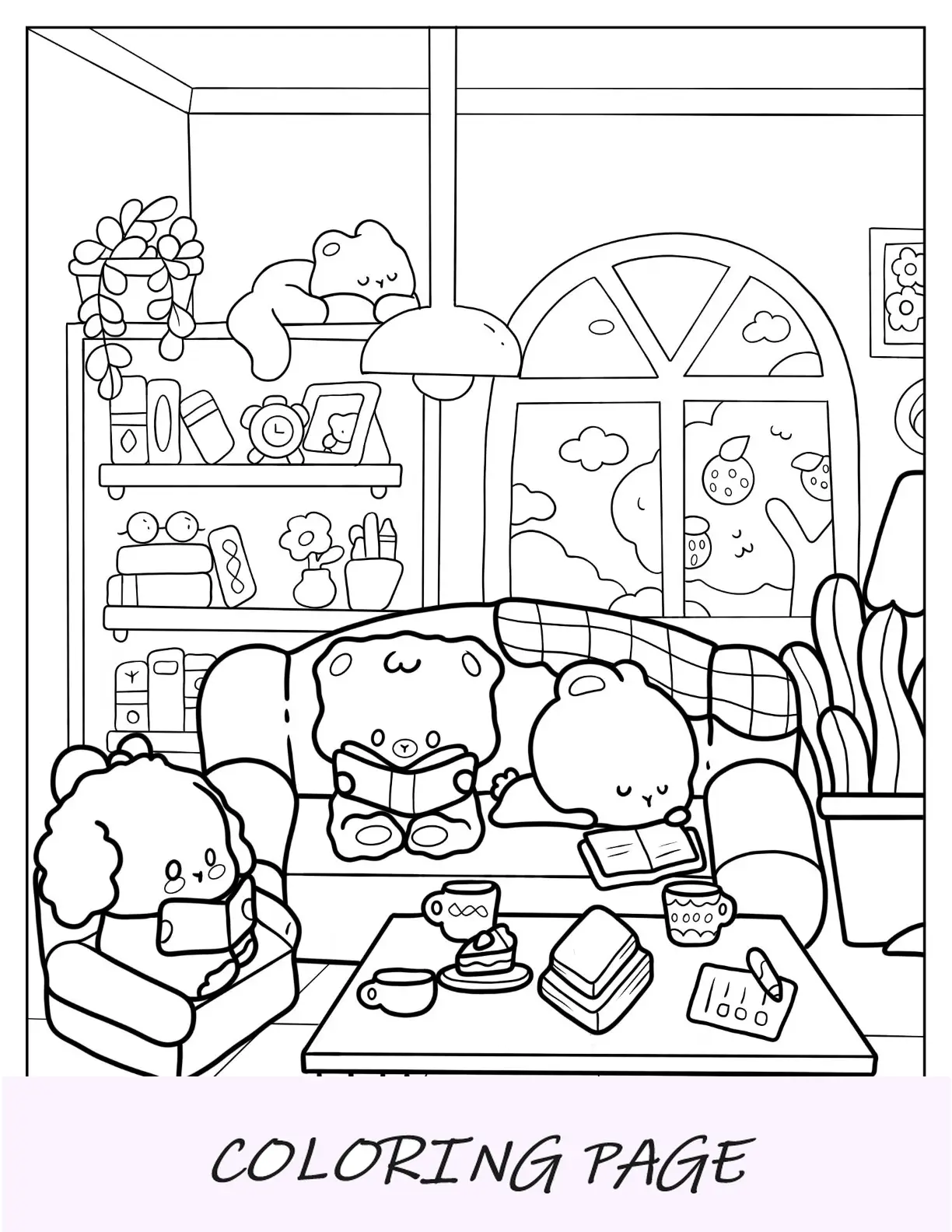 Linda página para colorir de coelhos e gatos lendo na sala de estar