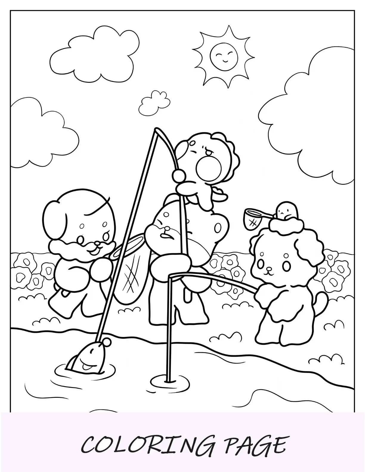 Linda página para colorir de urso Chibi, dinossauro, gato e cachorro pescando