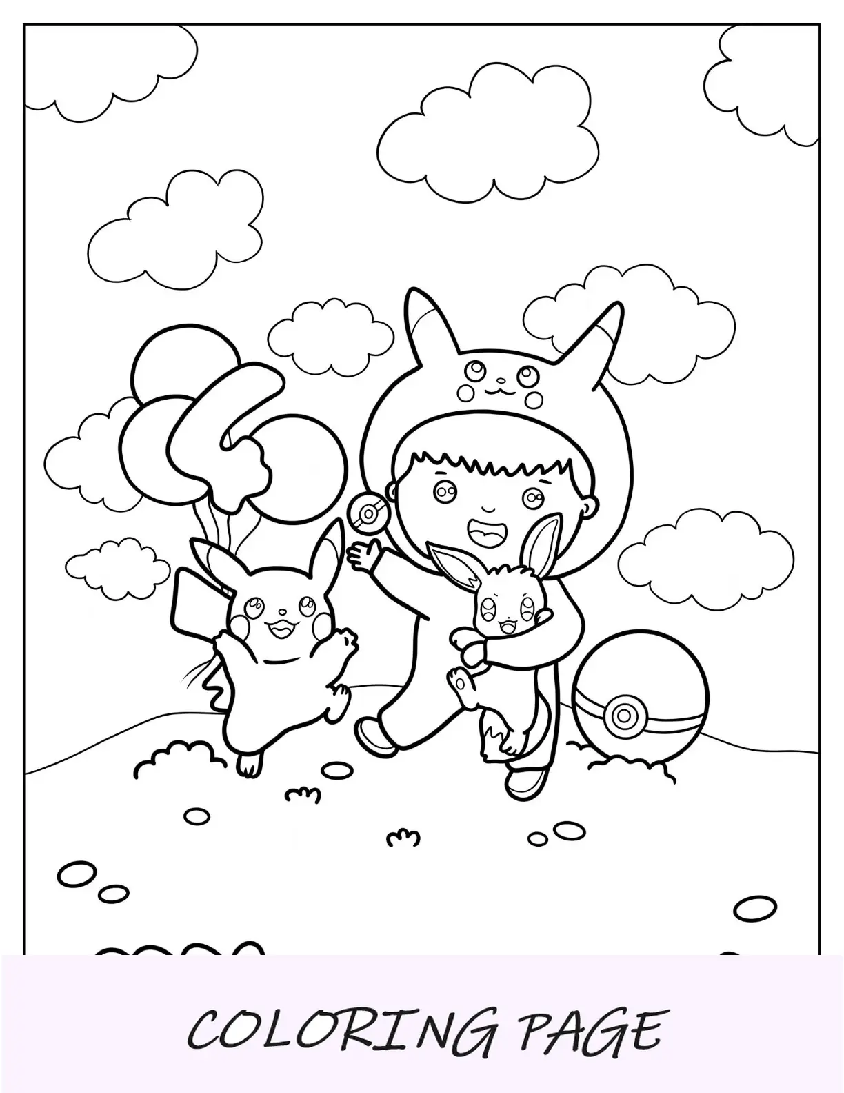 Linda página para colorir de menino vestido de Pikachu com Eevee e Pikachu