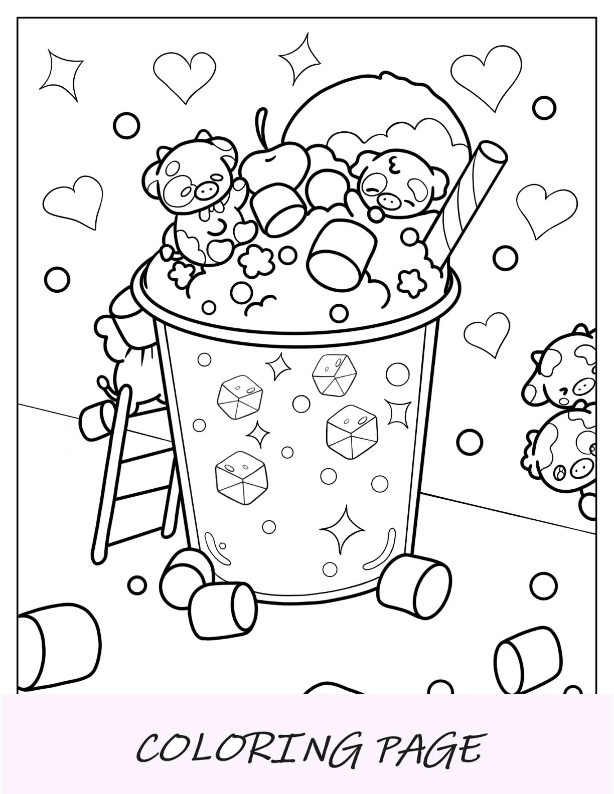 Linda página para colorir de vacas Chibi brincando no chá Boba