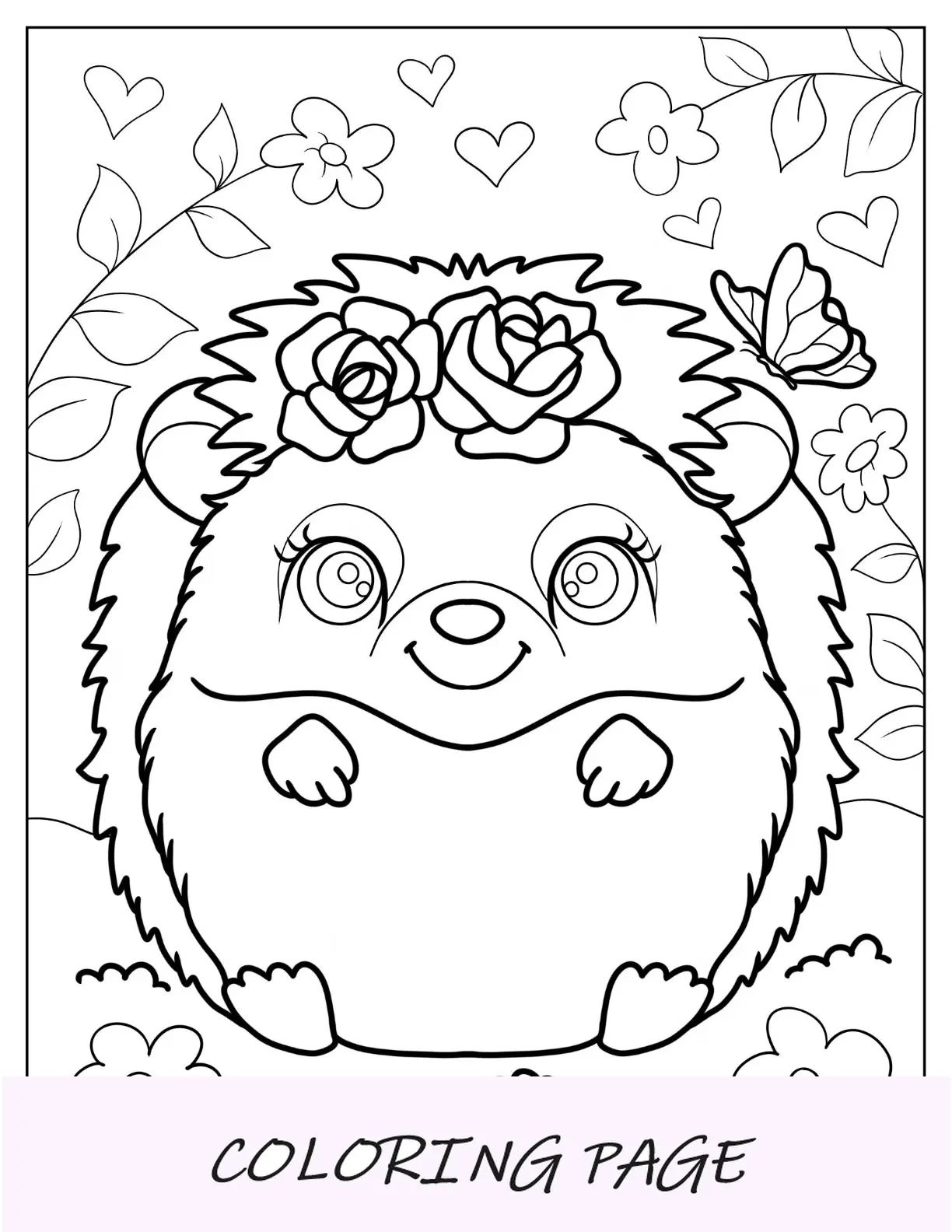 Linda página para colorir de porco-espinho Kawaii com flores