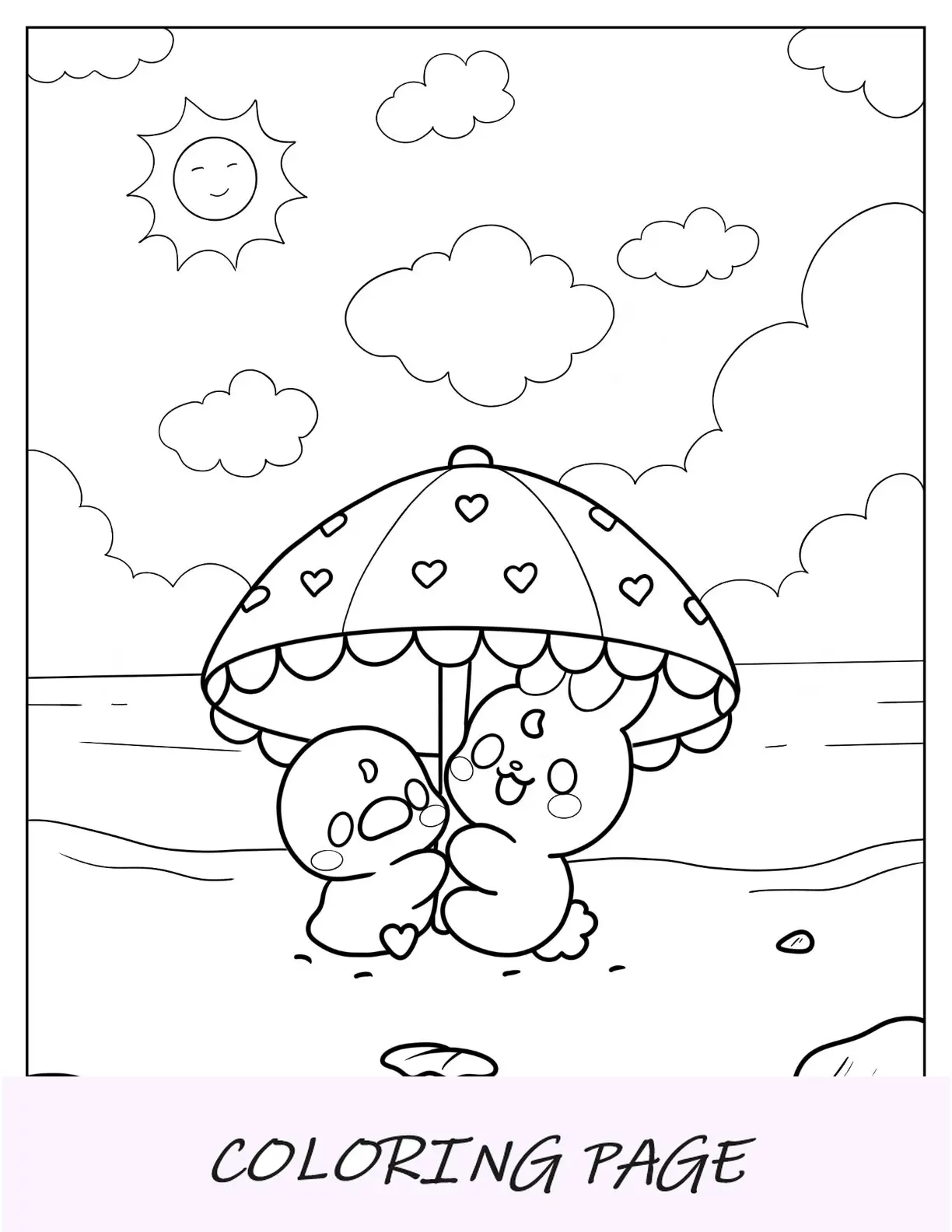 Linda página para colorir de coelhinho e pato compartilhando guarda-chuva na praia