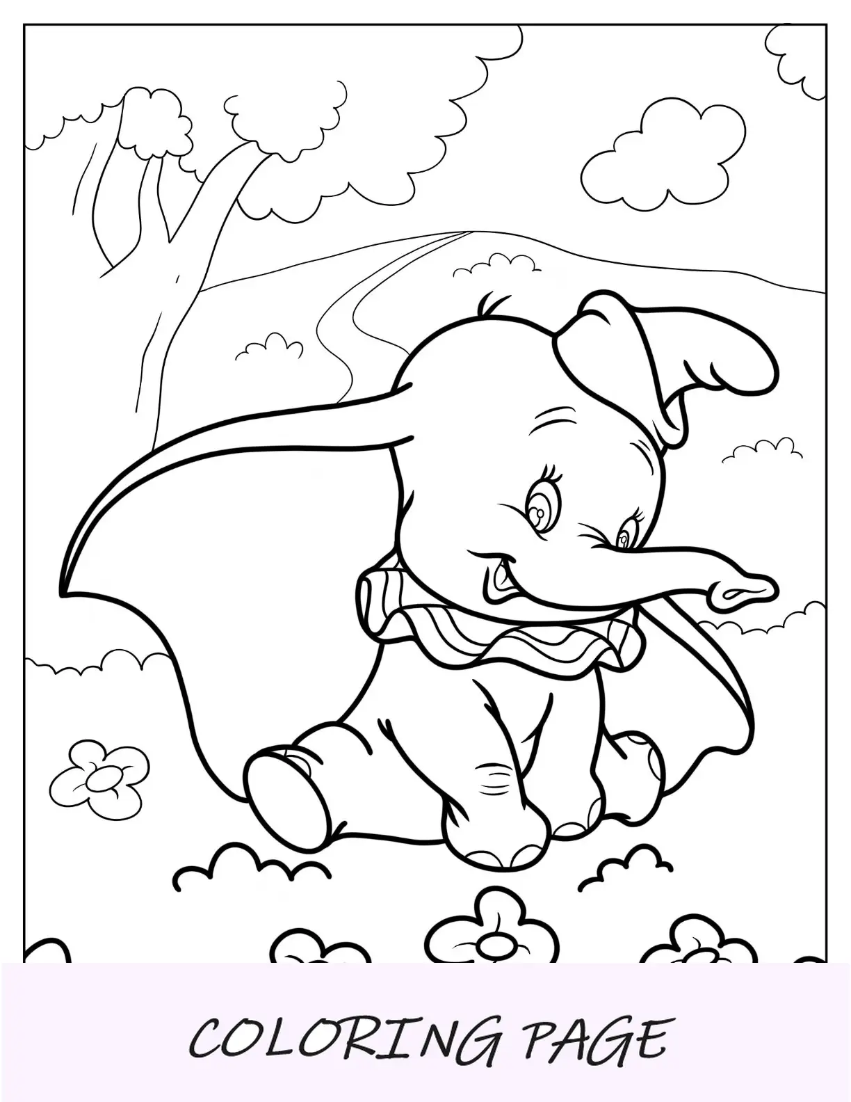Linda página para colorir de Dumbo sentado na grama