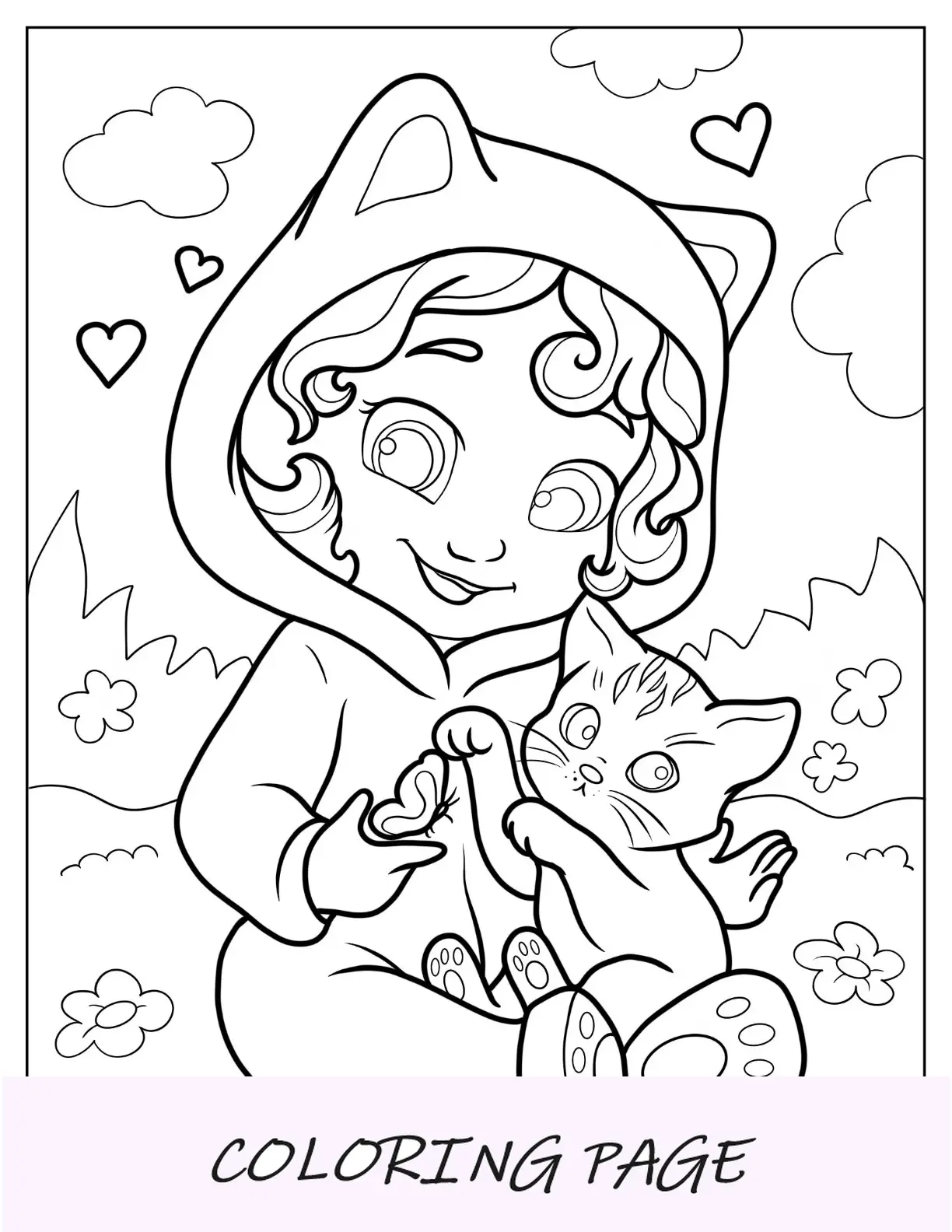Linda página para colorir de uma menina de macacão brincando com um gatinho